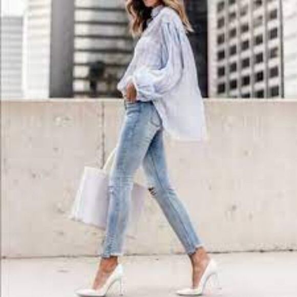 Free People Blue Gauzy Shirt Blouse Size M - Picture 2 of 11